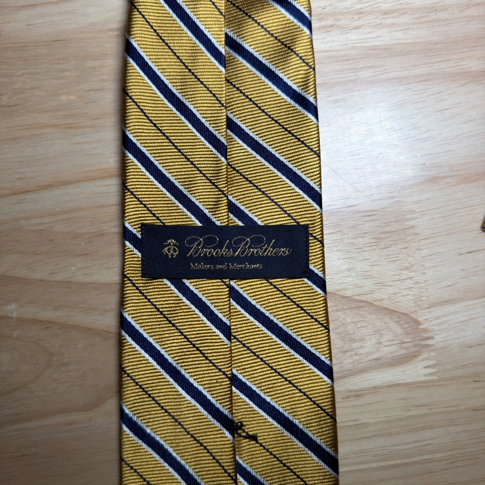 Brooks Brothers Necktie Mens Gold Blue Repp Striped Silk England Fabric USA Made - Picture 2 of 5